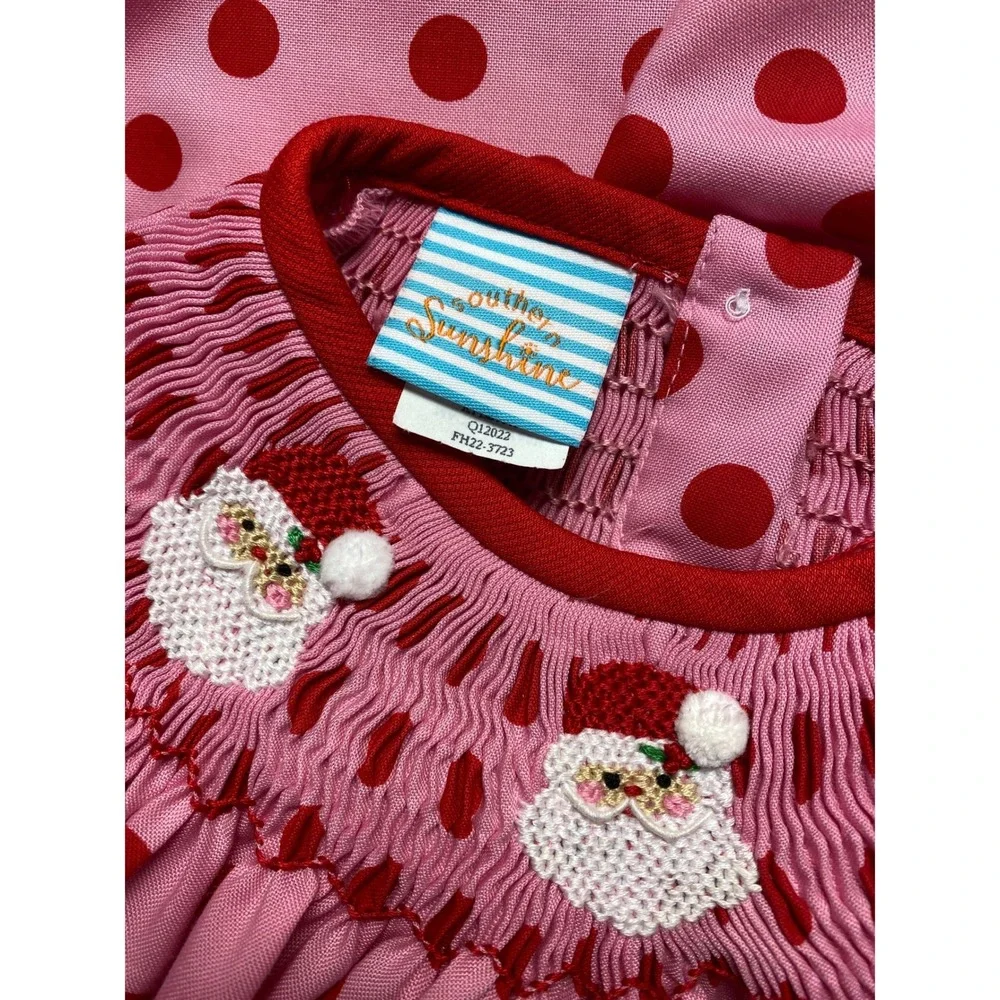 Southern Sunshine Smocked Santa Christmas Romper Pink Red Polka Dot 9M FH22-3723